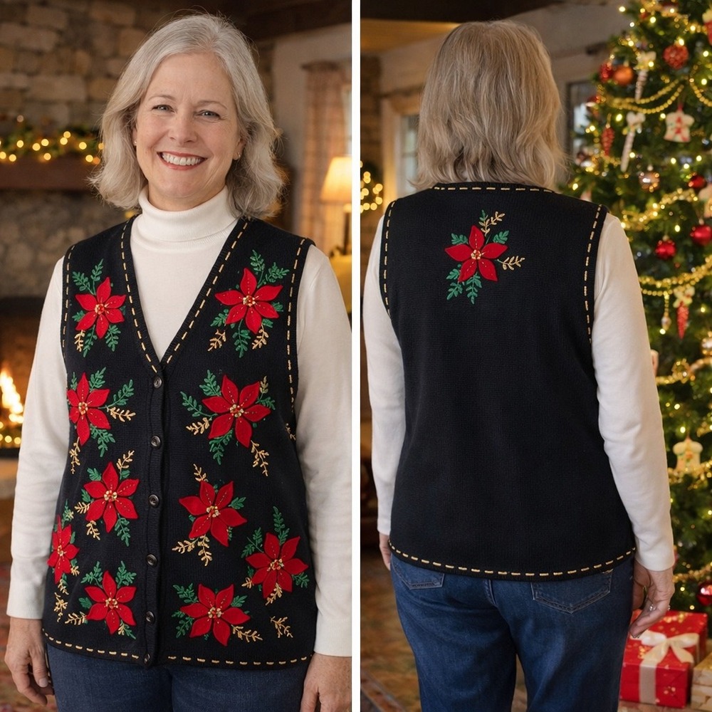 Bobbie Brooks Christmas Sweater Vest Large Black Poinsettia Beaded Holiday